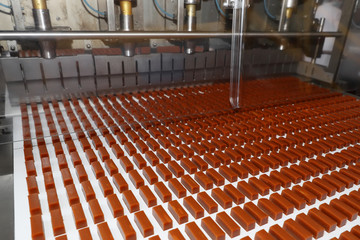 Chocolate candies on the production line at the factory