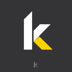 K letter. K monogram consist of white-yellow ribbon, isolated on a dark background. Monochrome option.