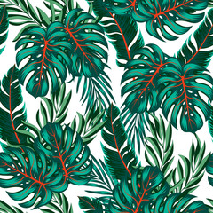Botanical seamless tropical pattern with bright plants and leaves on a light background. Beautiful print with hand drawn exotic plants.  Exotic jungle wallpaper.