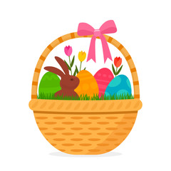 festive easter basket with a set of eggs with an ornament and flowers and a chocolate bunny rabbit.