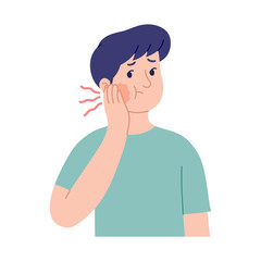 vector illustration of a young man holding his cheek due to a toothache, an expression of a man's pain due to a toothache and his swollen cheeks - obrazy, fototapety, plakaty