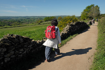 Peregrina del Camino Francés en dirección a Ferreiros, entre las localidades lucenses de Sarria y...