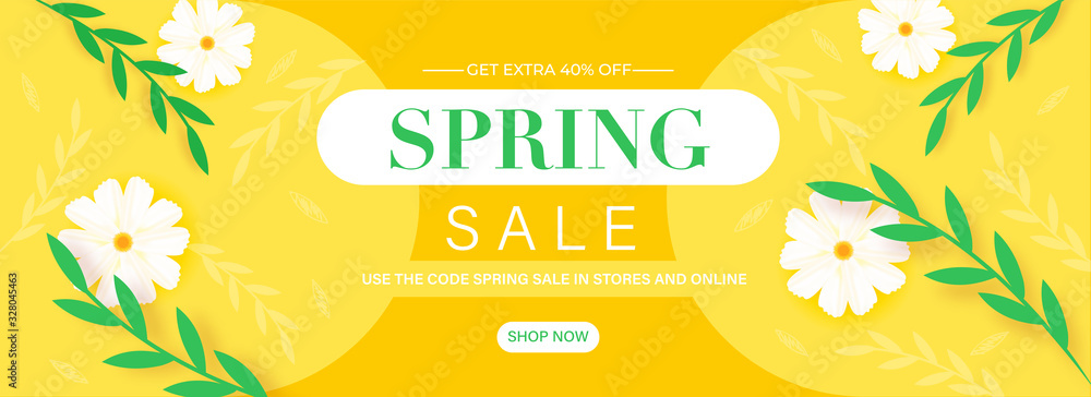 Wall mural spring sale header or banner design with get extra 40% off, flowers and leaves decorated on yellow b