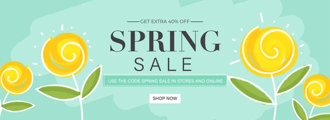 Tuinposter Spring Sale Header or Banner Design with Get Extra 40% Off and Yellow Flowers on Pastel Turquoise Background. © Abdul Qaiyoom