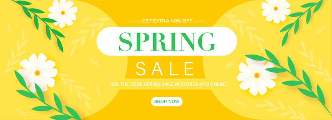 Spring Sale Header or Banner Design with Get Extra 40% Off, Flowers and Leaves Decorated on Yellow Background.