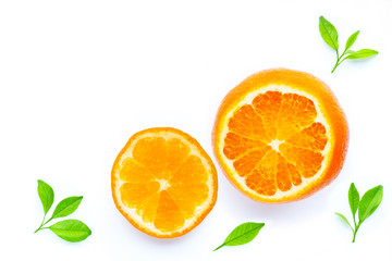 Fresh orange with leaves  on white background.