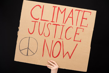 Partial view of woman holding placard with climate justice now lettering isolated on black, global warming concept