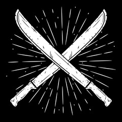 Crossed machetes. Hand drawn vector illustration with a crossed machetes and divergent rays. Used for poster, banner, web, t-shirt print, bag print, badges, flyer, logo design and more. - obrazy, fototapety, plakaty