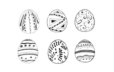 Illustration of  black  Easter egg. Cute cartoon illustration. Set of Easter eggs with geometric ornaments. Happy Easter. Illustration for Holidays. Easter holidays design. White background.