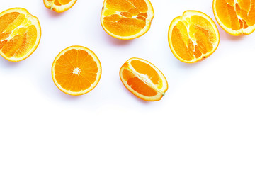 Fototapeta na wymiar High vitamin C, Juicy and sweet. Fresh orange fruit on white.