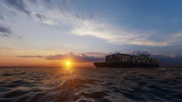 Cargo container ship passing in front of sunset, 4k