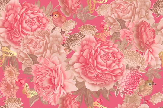 Garden flowers pink peonies, gold butterfly and cute birds. Floral seamless pattern.
