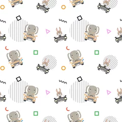 Foto op Plexiglas Dieren onderweg Babypatroon met dieren die een auto besturen en een geometrische vorm in de witte achtergrond