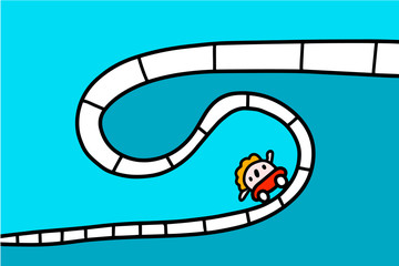Rollercoaster hand drawn vector illustration in cartoon comic style man driving curves business metaphore stocks posters prints cards