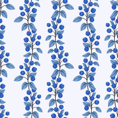 Blueberry seamless pattern; vertical blueberry twigs; berry design for fabric, wallpaper, wrapping paper, textile, packaging, web design.