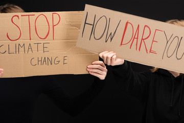 Cropped view of blondes with placards with stop climate change and how dare you lettering isolated...