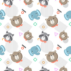 Baby pattern with head of bear,elephant and raccoon and geometric shape in the white backdrop