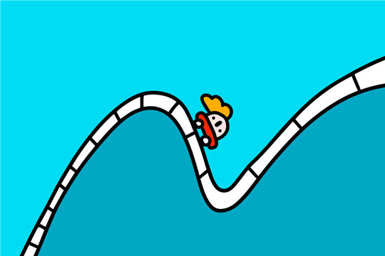 Rollercoaster hand drawn vector illustration in cartoon comic style man driving down after climbing up business metaphore