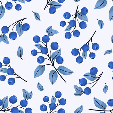 Blueberry Seamless Pattern; Blueberry Twigs For Fabric, Wallpaper, Wrapping Paper, Textile, Packaging, Web Design.