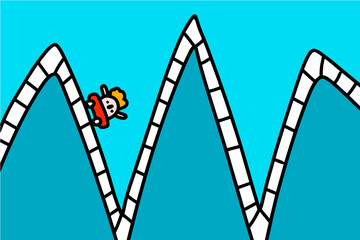 Rollercoaster hand drawn vector illustration in cartoon comic style man falling down after climbing zigzag process