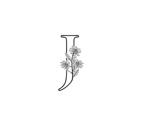 Minimalist J letter Logo Icon with Beautiful leaves and flower line hand drawn .