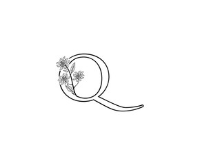 Minimalist Q letter Logo Icon with Beautiful leaves and flower line hand drawn .