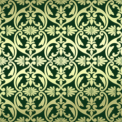 Damask seamless floral gold pattern in vector, green background, elegant Wallpaper, fabric, unique design