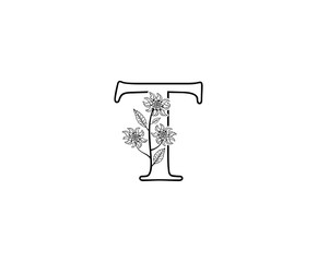 Minimalist T letter Logo Icon with Beautiful leaves and flower line hand drawn .