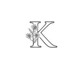 Minimalist K letter Logo Icon with Beautiful leaves and flower line hand drawn .