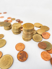 Thai Baht Coins colors Gold set in the mountains,Is the currency of Thailand.For business expenses,Coin is in a jar of money saving,White background