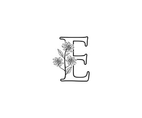 Minimalist E letter Logo Icon with Beautiful leaves and flower line hand drawn .