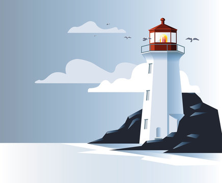 Illustration of lighthouse on ocean coast rock