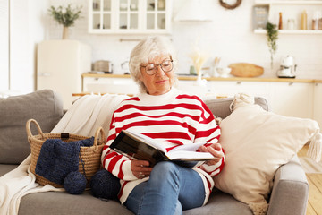Portrait of stylish attractive female pensioner in round eyeglasses relaxing at home with good book. Joyful elderly woman wearing spectacles, reading bestseller, sitting comfortably on sofa