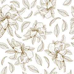 Vector seamless pattern with magnolia leaves and flowers