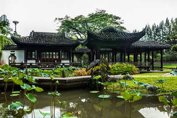 Naklejka premium samutprakan,thailand-october,03,2018 chinese pavilions are located in gardens with lost of lotus trees