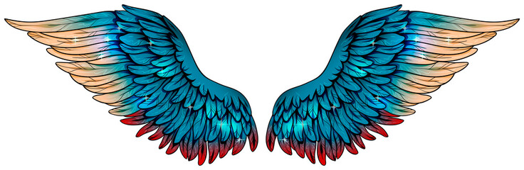 Magic beautiful glowing turquoise wings with beige and red feathers, vector