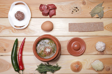 ingredients for soup on a wooden table - obrazy, fototapety, plakaty