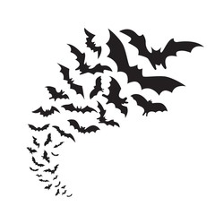Flying bats group isolated on white background. Black night bat silhouettes  - obrazy, fototapety, plakaty