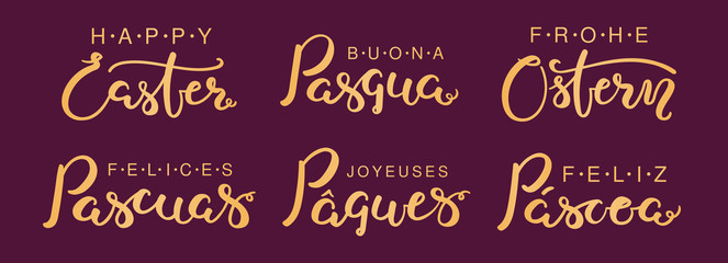 Set of hand written lettering quotes Happy Easter in English, Italian, Spanish, Portuguese, German, French. Isolated gold on purple. Vector illustration. Flat style design. Concept, element for card.