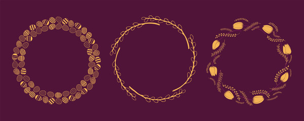 Set of gold decorative Easter wreathes, frames, of eggs, tulips, willow branches. Isolated objects. Flat style design. Hand drawn vector illustration. Concept for holiday card, invite, banner element.
