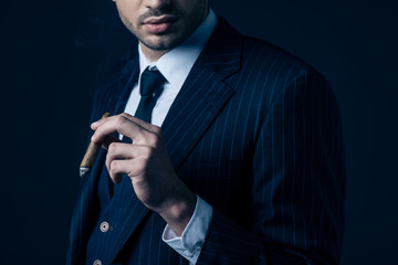 Cropped view of mafioso holding cigar on dark blue background