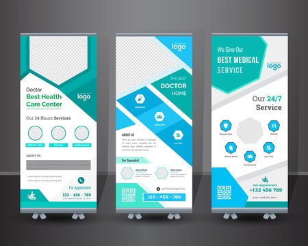 Medical concept. Graphic template roll-up for exhibitions, banner for seminar, layout for placement of photos. Universal stand for conference - Vector