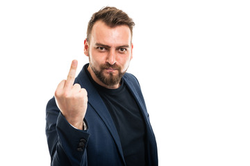 Business man wearing smart casual clothes showing obscene gesture