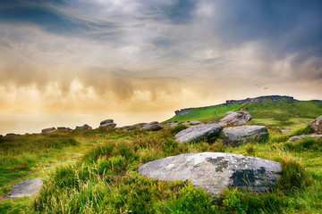 Fantastic view in the national park "Peak District" on the sunset in  Summer
