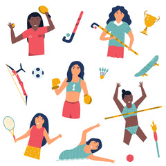 Set of girl athletes doing sport Flat illustration