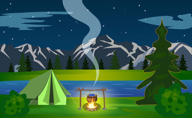 People in Touristic Camp near River with Tent. Travel, Backpacking Flat Cartoon Vector illustration. Concept of Hiking. Boy Playing Guitar near Campfire, Hugging Couple Sitting on Log.