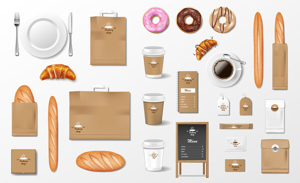 Mockup for Bakery shop, Cafe, restaurant Brand identity. Realistic Bakery package mockup cup, pack, baguette, croissant, paper bag, baked bread and loaf isolated. Vector
