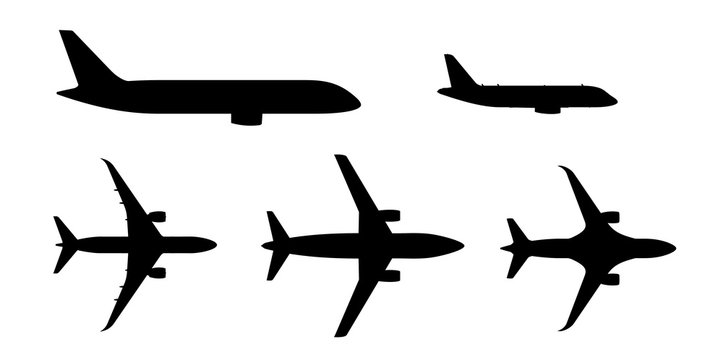aircraft icon and set of passenger plane silhouette