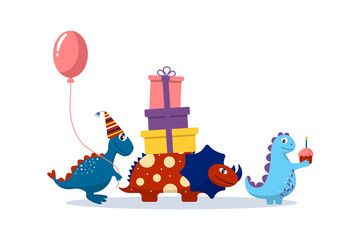 Obraz na płótnie Canvas Cute cartoon dinosaurs follow each other with gifts, balloon. Birthday card. Print for baby clothes, bedding, textiles, gift wrapping, stickers.