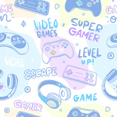 Colored seamless pattern with joysticks, lettering and headphones for children's textiles. Cute background for the gamer. © SportArtGame